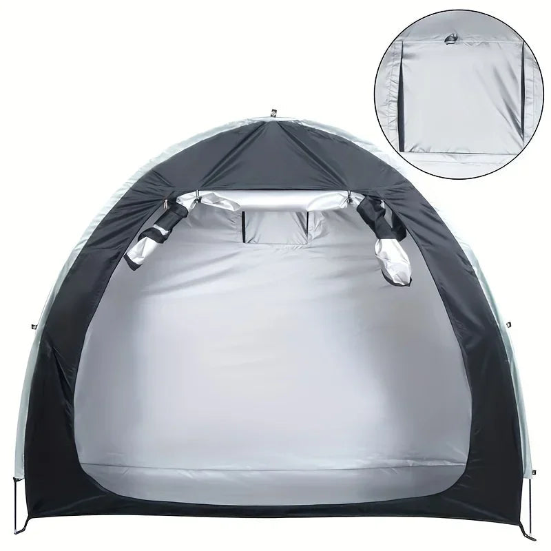 Front view of waterproof polyester bike storage tent open showing silver interior and arch frame poles