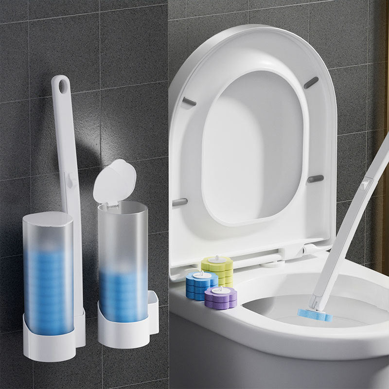 Disposable toilet brush system with handle and wall-mount caddy on white studio background