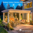 Outdoor solar curtain lights IP65 waterproof shown on pergola with rainproof snowproof windproof icons and warm glow at night