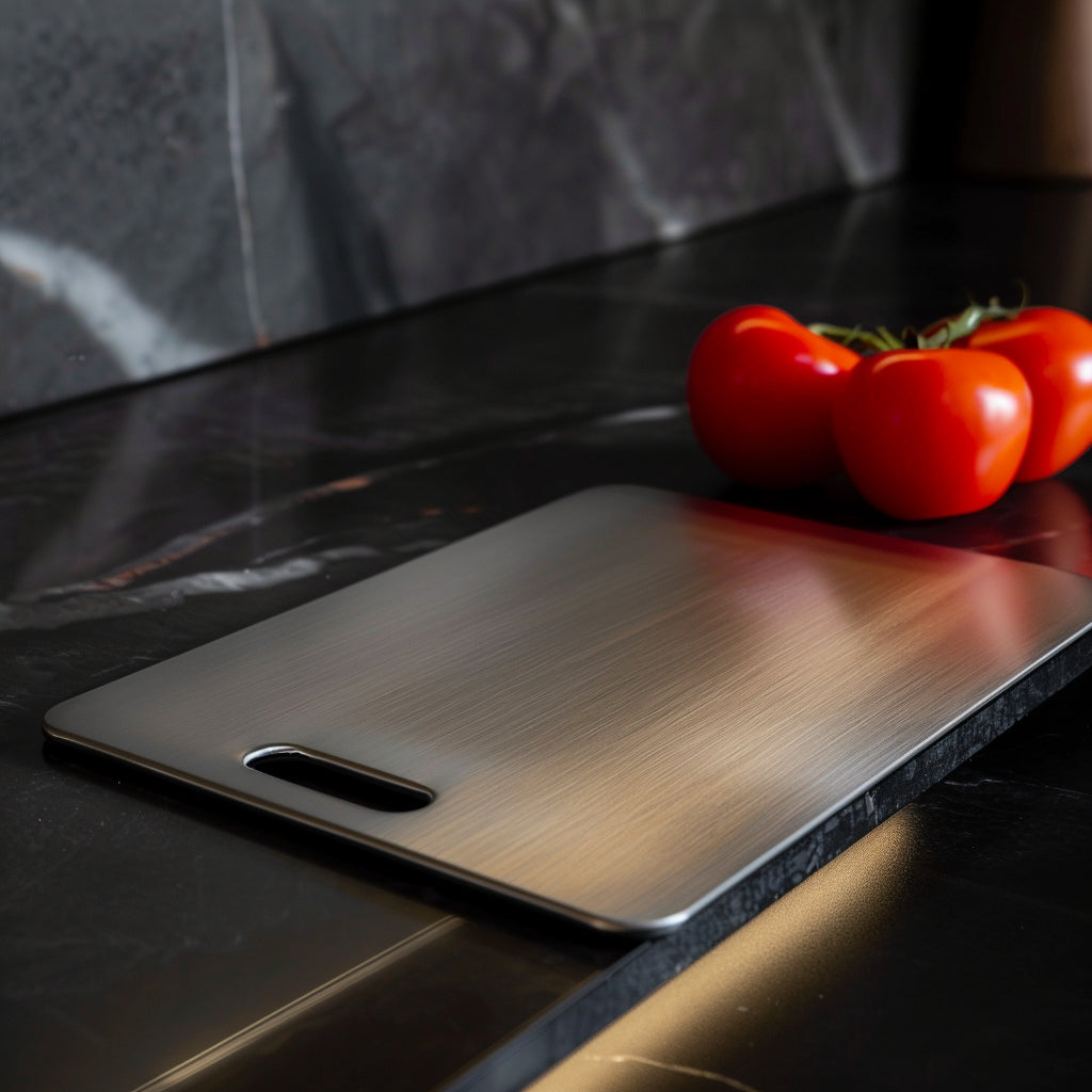 Steel cutting board flat lay view showing brushed metal finish on white background