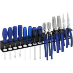 Wall-mounted 14-slot black metal tool holder with screwdrivers and pliers stored upright in each slot, workshop setting