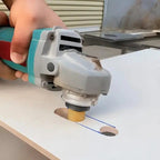 Diamond grinding disc mounted on angle grinder cutting curved edge in marble stone surface
