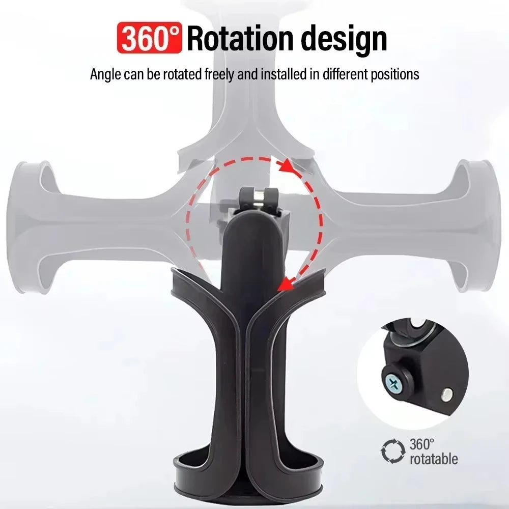 Black bicycle water bottle cage mounted on handlebar with water bottle inserted, viewed from the side outdoors