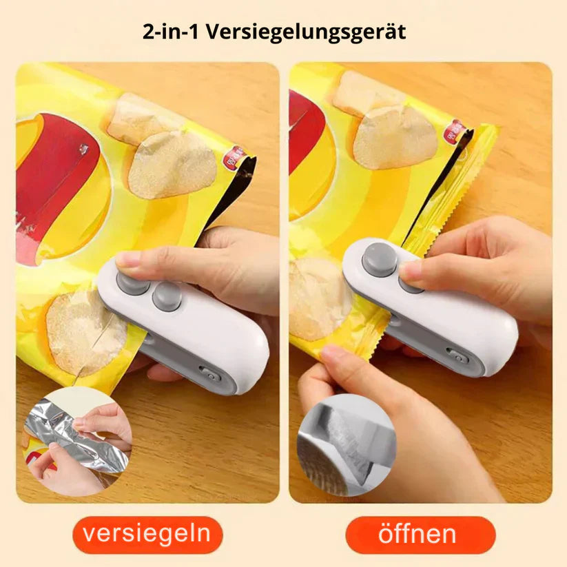 2-in-1 bag sealer on an Australian kitchen bench next to an open snack bag and crackers — lifestyle setting