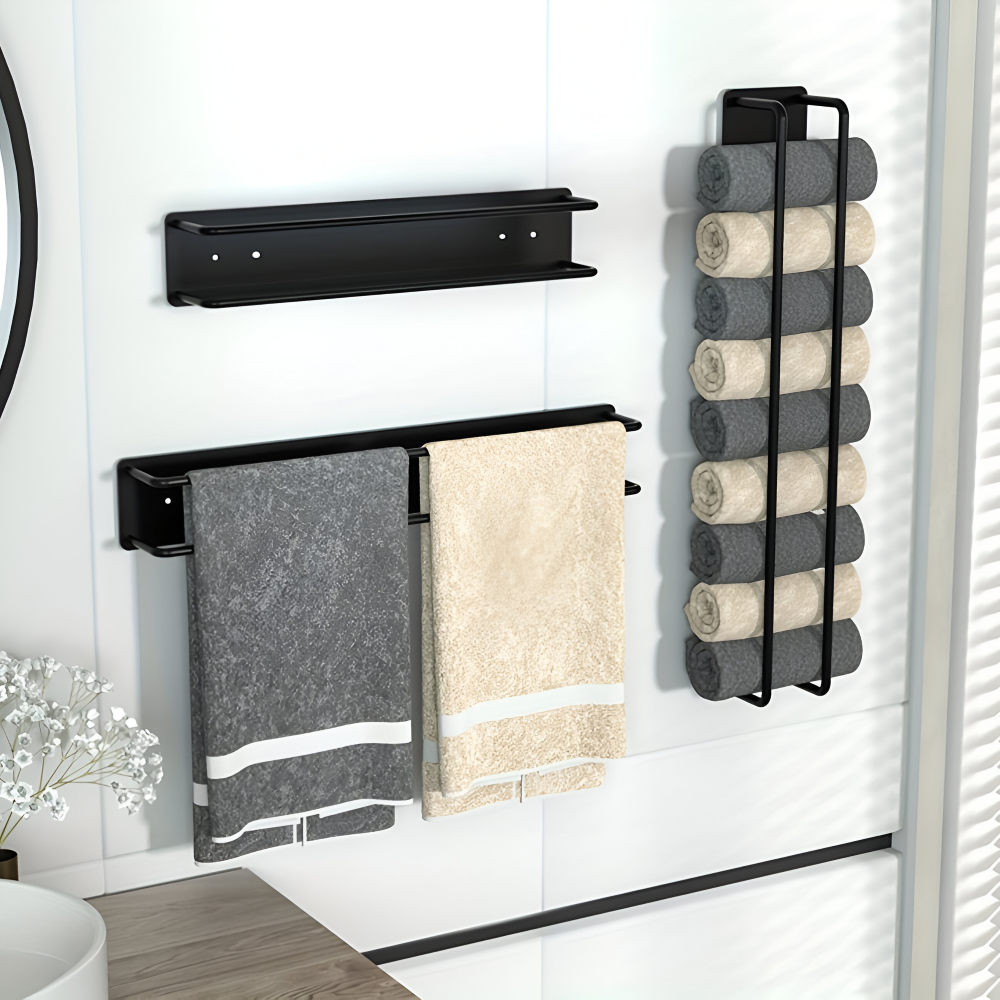 Two black metal towel racks different heights 40cm 50cm size comparison white background