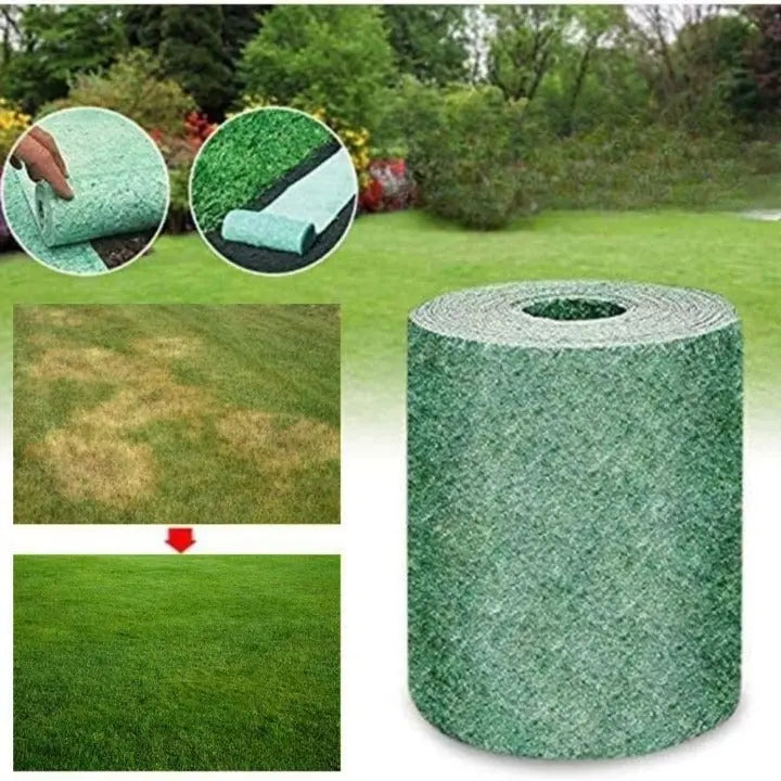 Hands unrolling biodegradable grass seed mat on bare soil lawn repair process
