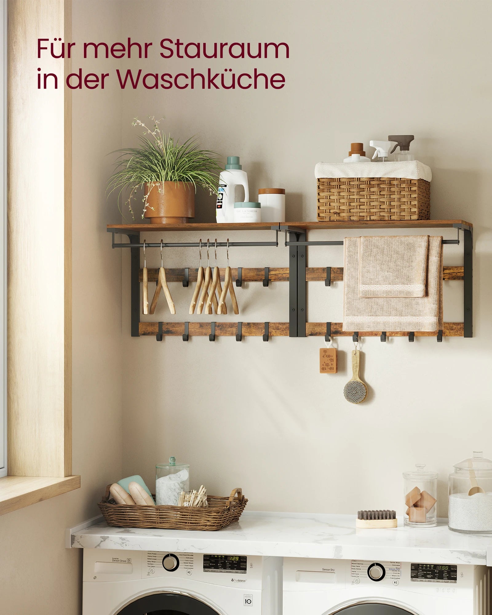 Close-up of two rows of removable black metal hooks on rustic brown wood-look panel showing hook detail and spacing