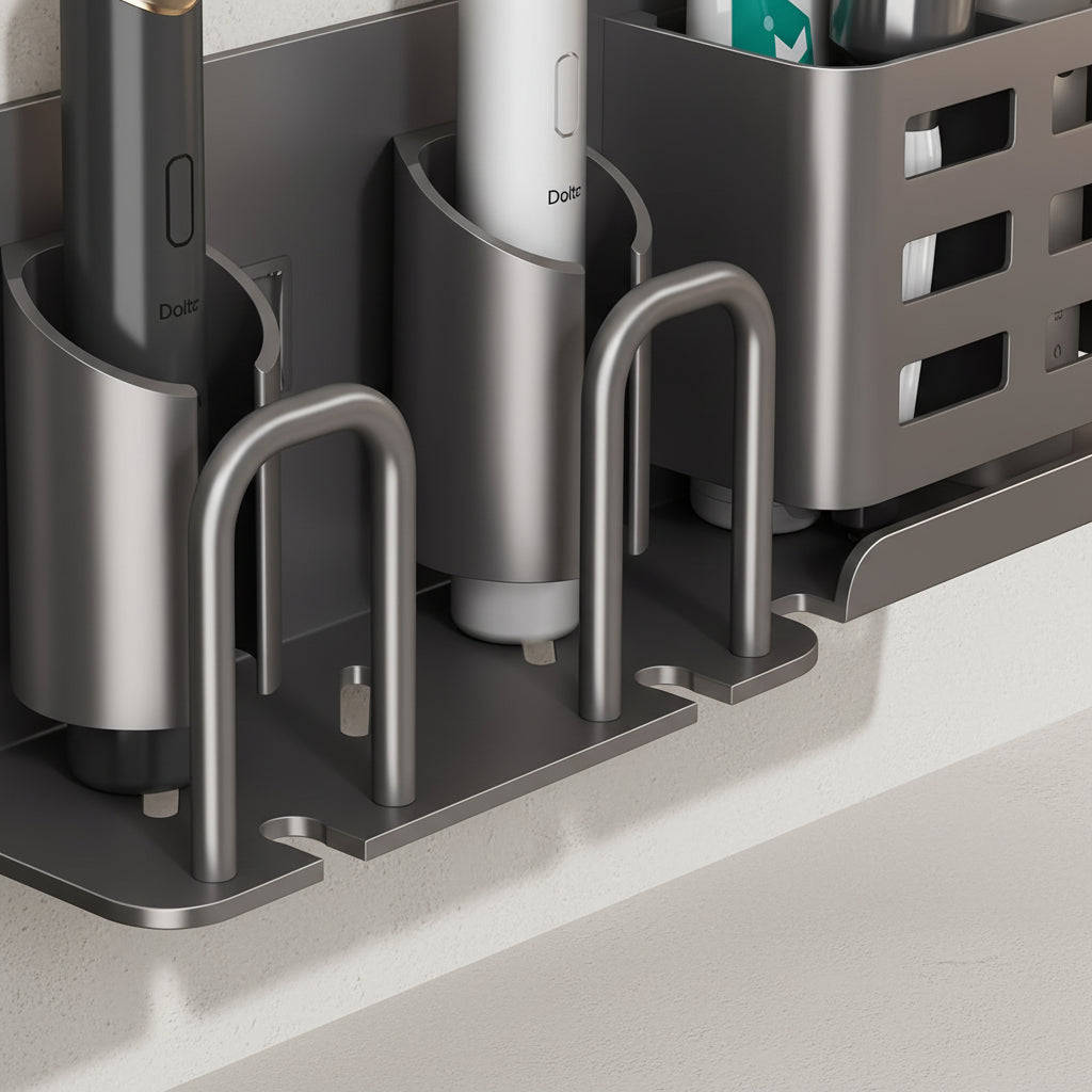 Close-up detail of self-adhesive mounting strip and integrated drainage holes in toothbrush holder