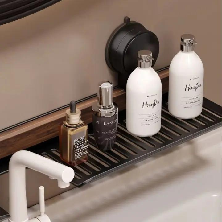 Bathroom shelf walnut finish holding toiletries soap dispensers towel rail