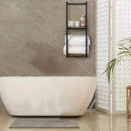 Black metal and wood wall towel rack close-up showing frame structure and wooden shelf detail with rolled towels stored below