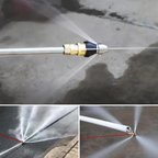 High-pressure drain nozzle attached to garden hose being inserted into outdoor concrete drainage pipe in backyard