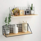 Close-up of wooden shelf base and metal wire frame corner detail on kitchen spice rack, neutral background