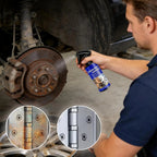Before after comparison showing rusted gears transformed to clean metal after spray treatment