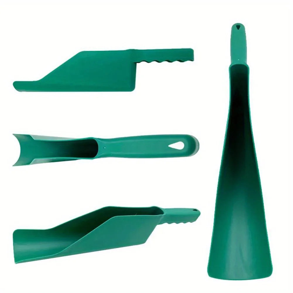Close-up of ridged grip handle and hanging hole on the green gutter cleaning scoop