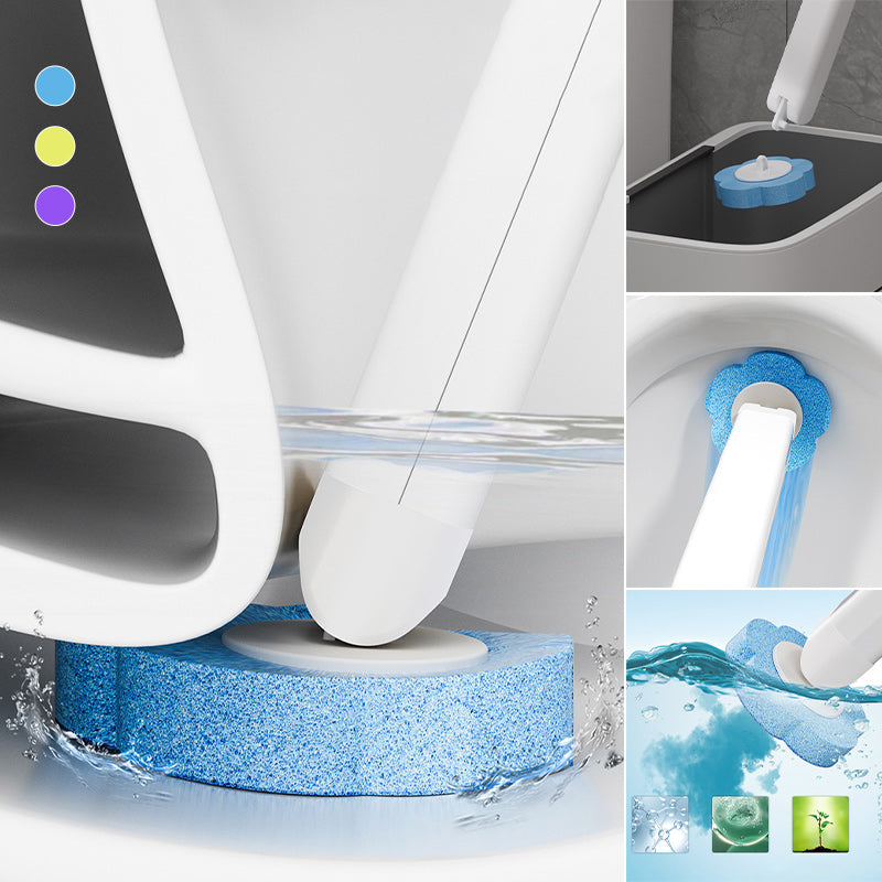 Semi-transparent refill caddy with blue scented disc brush heads visible inside mounted on grey tile