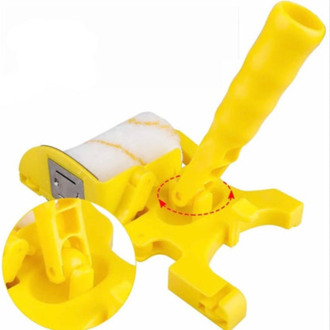 Person using paint roller edger at floor level along skirting board in bright interior room, no tape required