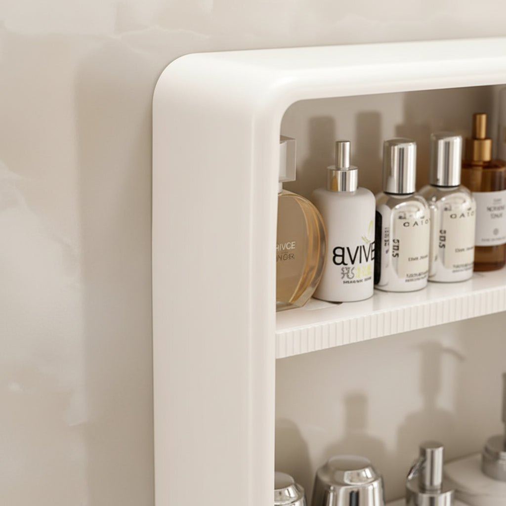 Modern bathroom interior featuring wall-mounted storage shelf with organised skincare products