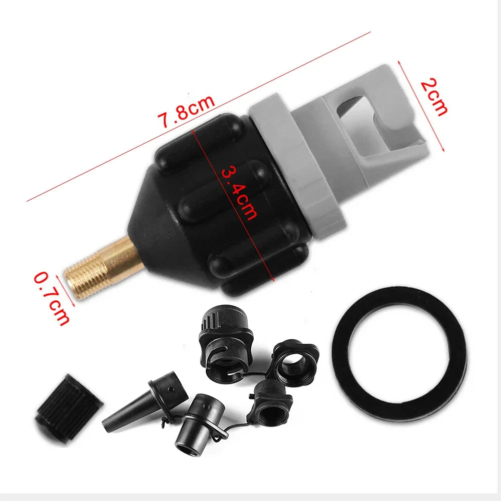 Full SUP pump adapter set showing assembled main body alongside cone nozzle screw collar and clip adapter