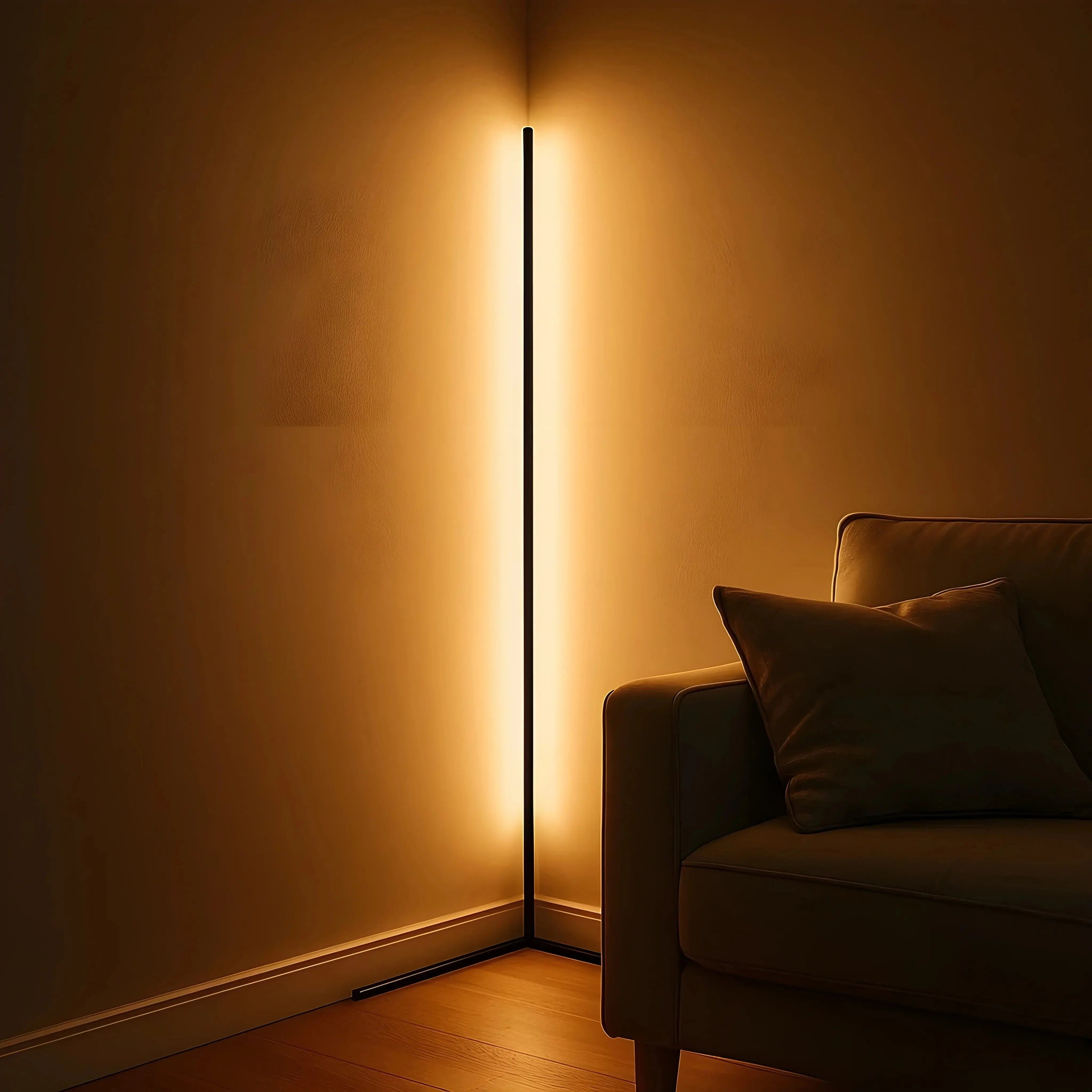 LED corner floor lamp bedroom setting evening warm white light mode ambience lighting