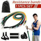Person performing a standing chest press using a resistance band anchored to a door in a home setting