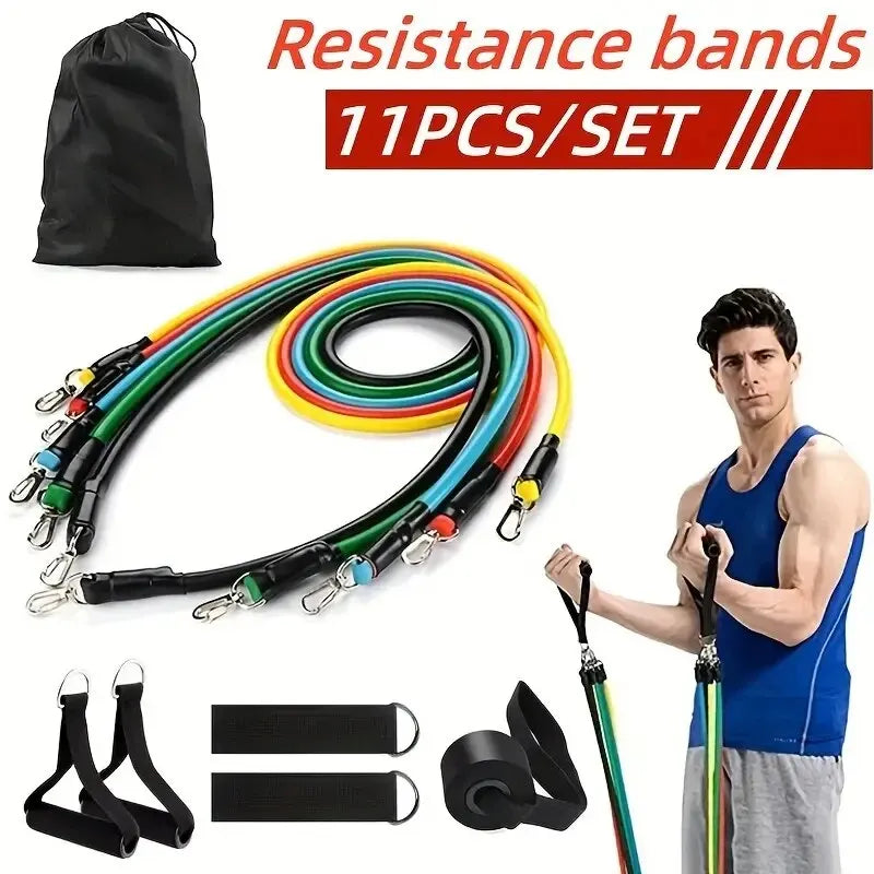 Person performing a standing chest press using a resistance band anchored to a door in a home setting