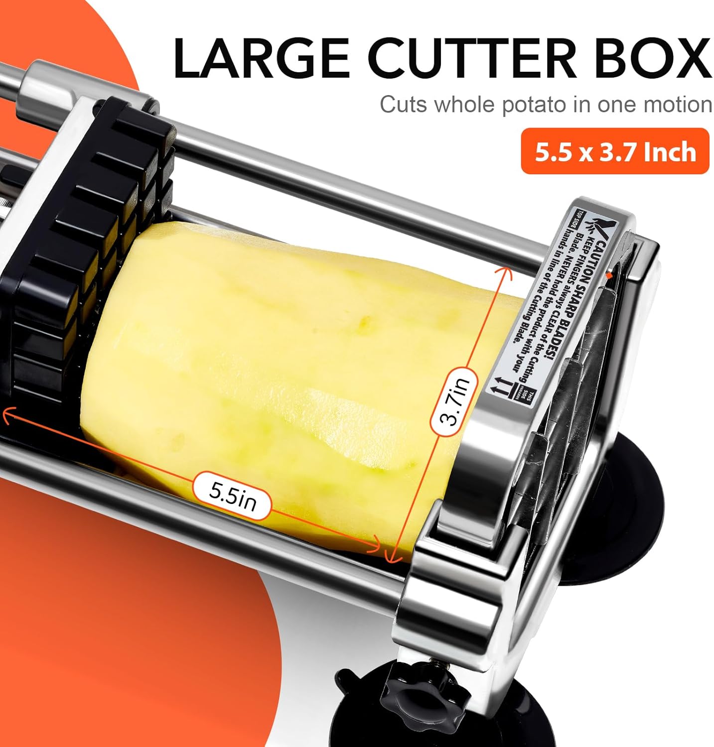 Kitchen setup with potato cutter, whole potatoes, and three different blade sizes on bench