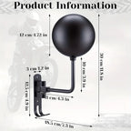 Wall-mounted helmet holder in garage with motorcycle jacket on lower hook and full-face helmet on ball cradle
