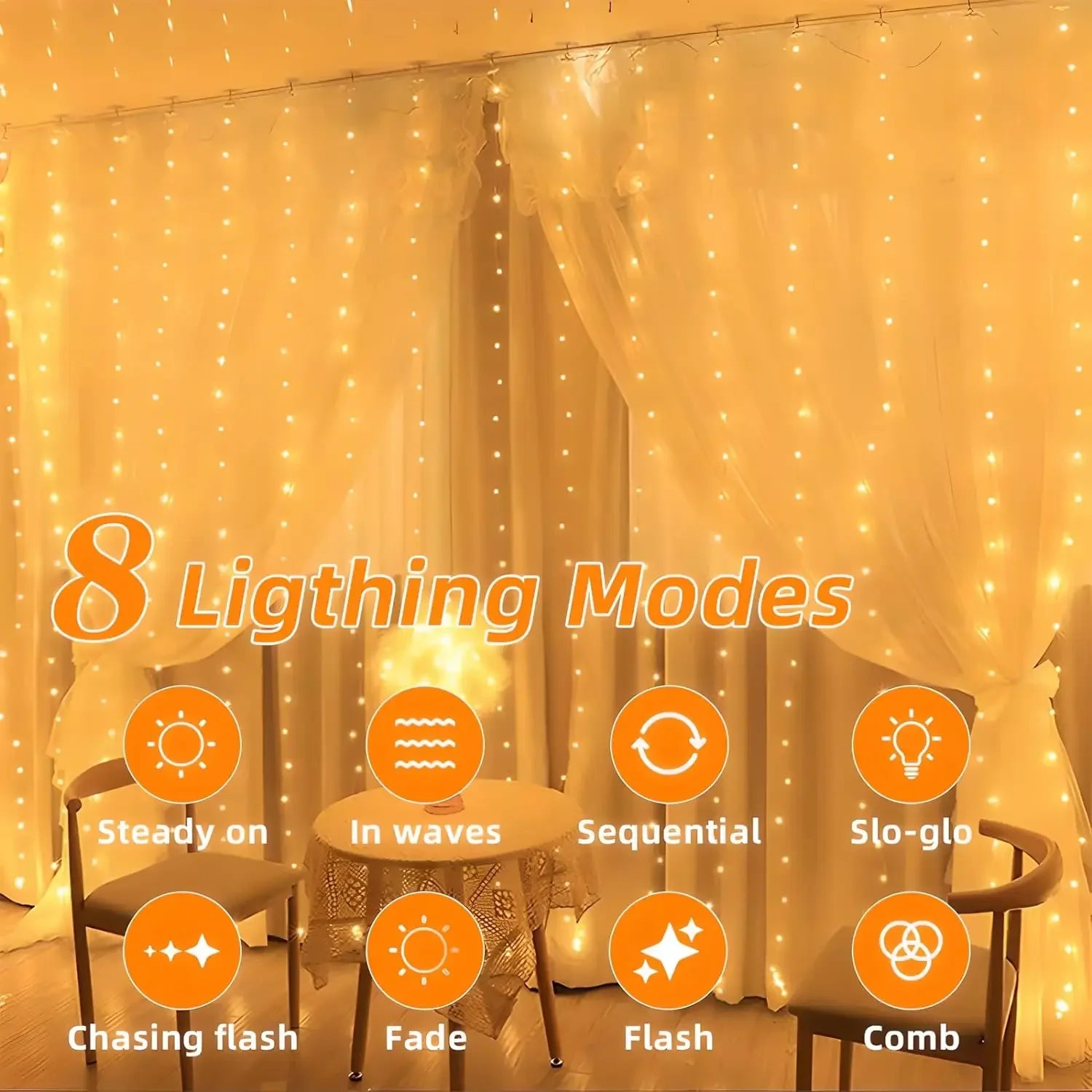 Solar string curtain lights 300 LEDs hanging as light curtain on outdoor entertaining area fence warm white glow