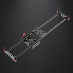 Camera slider rail threaded connections showing 1/4 inch and 3/8 inch mount compatibility
