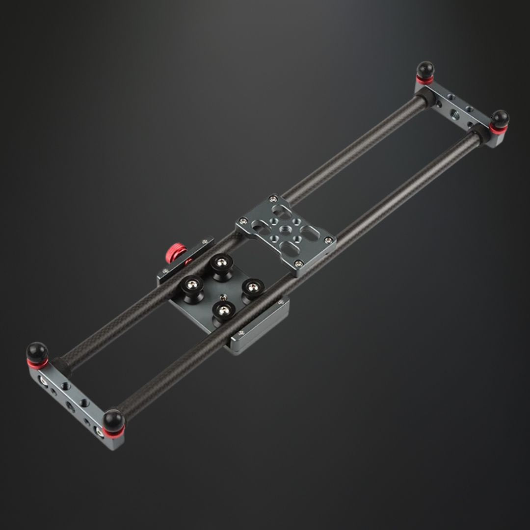 Camera slider rail threaded connections showing 1/4 inch and 3/8 inch mount compatibility