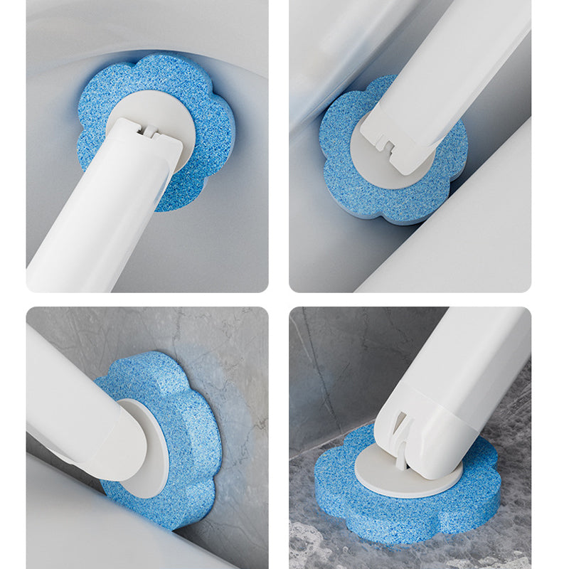 Disposable toilet brush in use cleaning inside toilet bowl flexible head under rim white bathroom