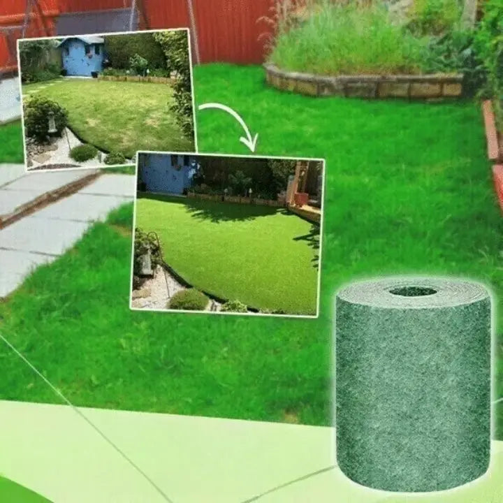 Close-up texture grass seed mat showing embedded seeds biodegradable fabric