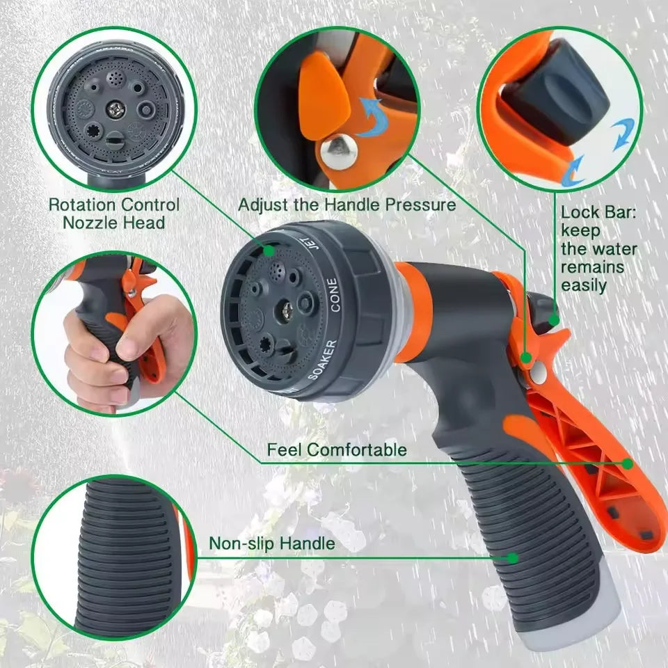 Hand gripping garden spray gun demonstrating trigger lock bar mechanism and rubber coating