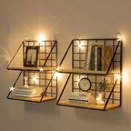 Black metal and wooden spice rack free-standing on kitchen bench beside hob, filled with condiment and spice bottles
