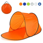 Close-up of 190T polyester fabric and black stitched edging on orange pop-up beach tent showing water-resistant PA coating