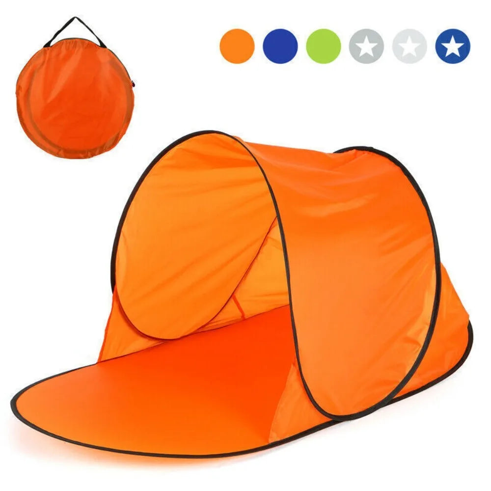 Close-up of 190T polyester fabric and black stitched edging on orange pop-up beach tent showing water-resistant PA coating