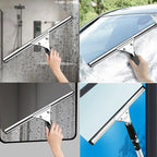 Hand holding squeegee handle pulling rubber blade across shower screen glass with water clearing in one stroke