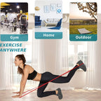 Person using red resistance band for squat training exercise in a bright indoor workout space