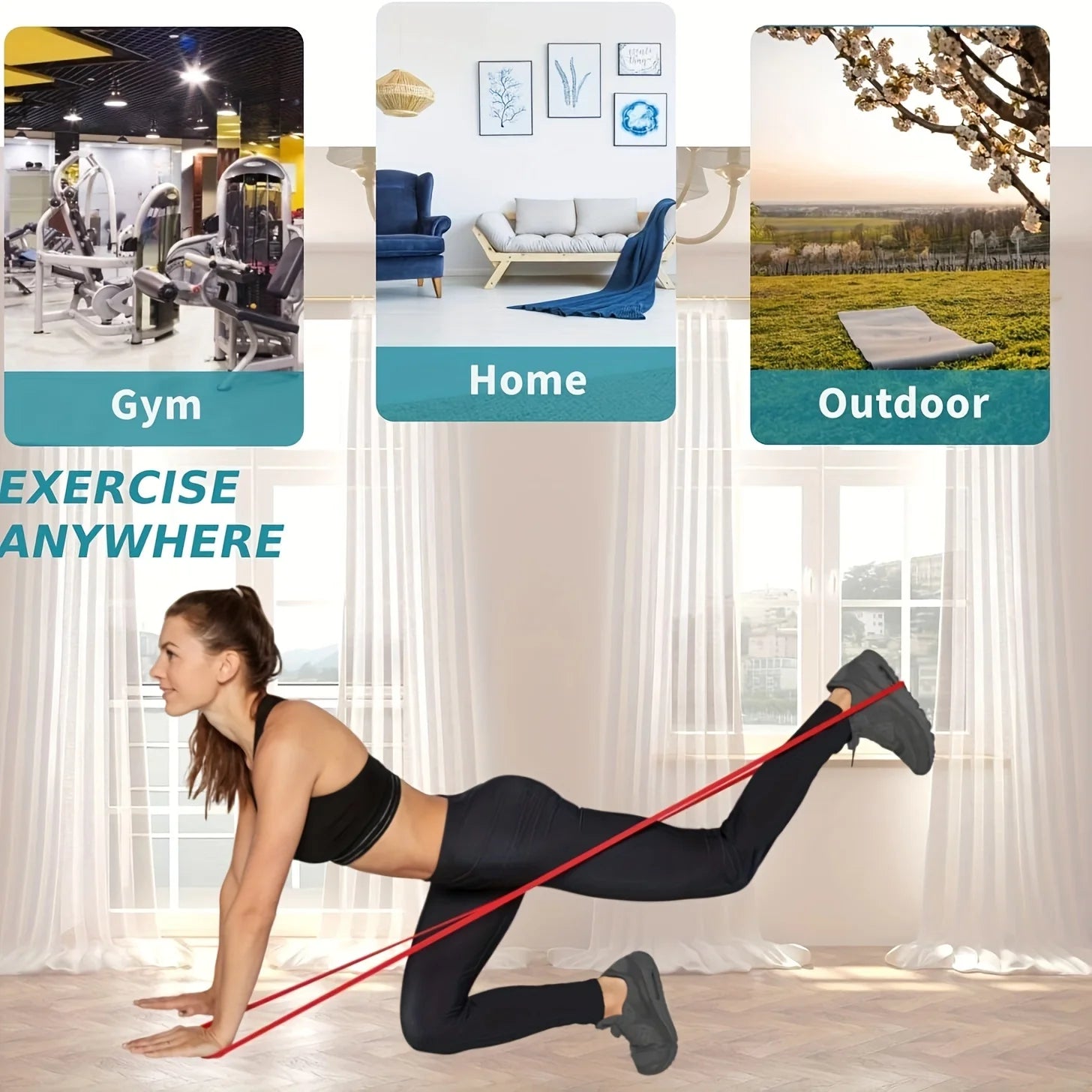 Person using red resistance band for squat training exercise in a bright indoor workout space