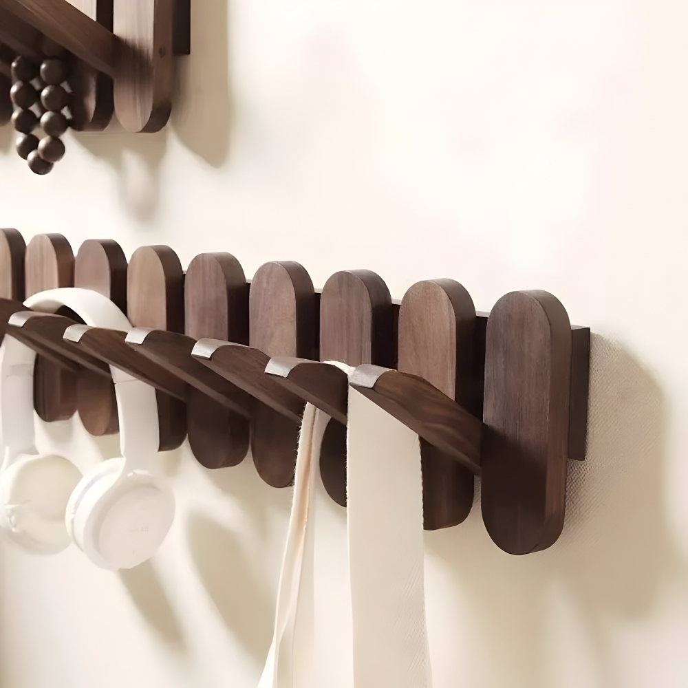 Close up detail of walnut wood grain and smooth rounded hook edge