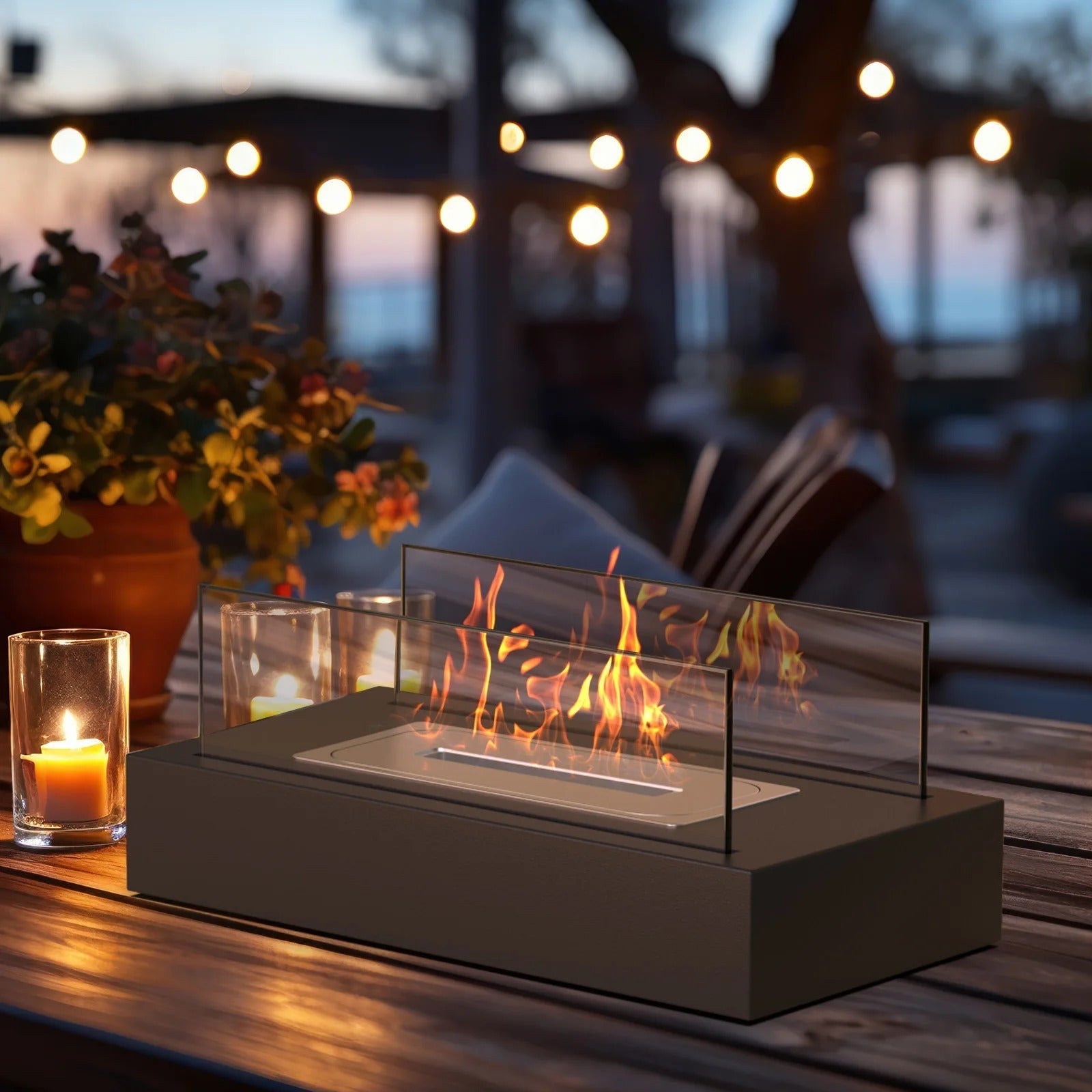 Close-up detail tempered glass panels stainless steel construction fire bowl safety design