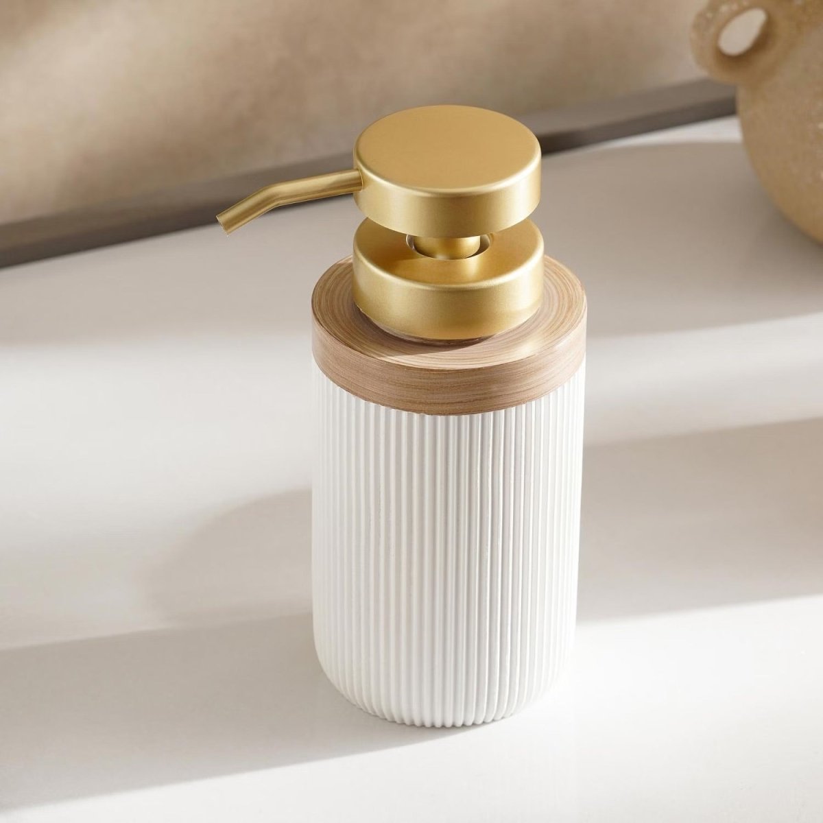 Full bathroom bench scene featuring white 3-piece bathroom accessory set with wooden accents in natural daylight