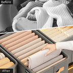 Full wardrobe interior with grey and tan foldable storage bins holding folded jumpers and t-shirts