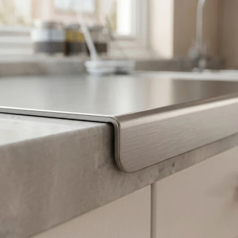 Close up detail of folded grip edge showing counter hook mechanism stainless steel