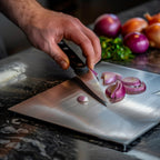 Close up detail of steel cutting board showing non-porous textured surface finish