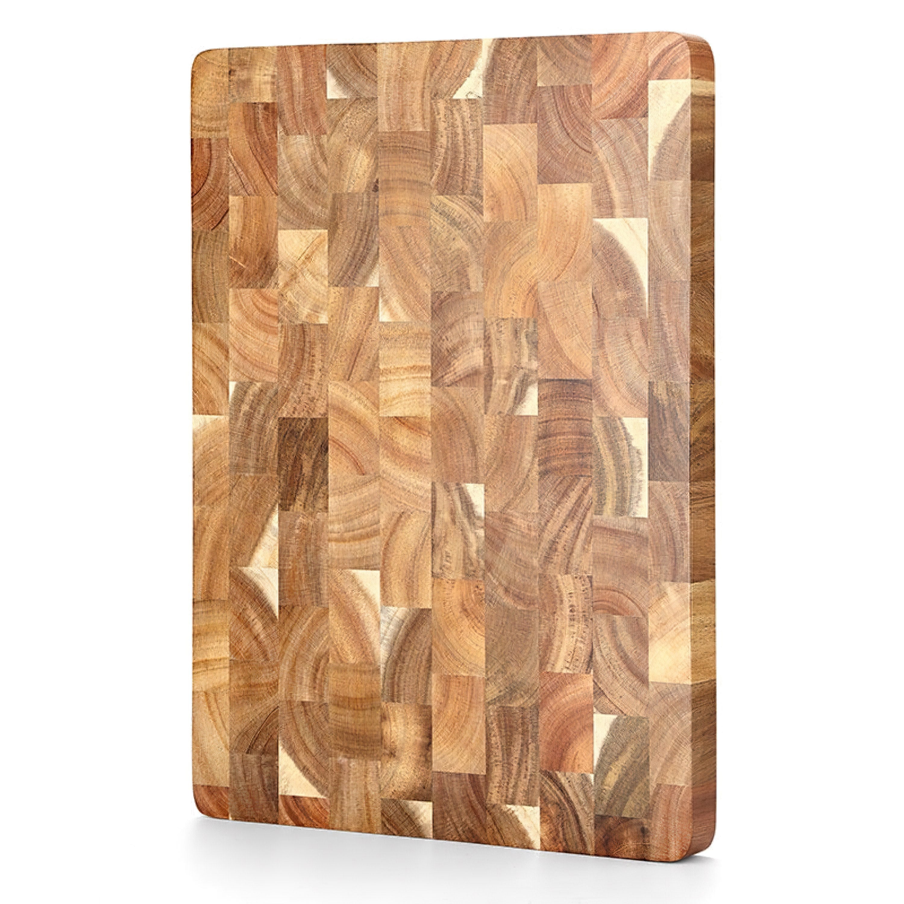 Hands chopping vegetables on professional acacia cutting board kitchen bench natural lighting