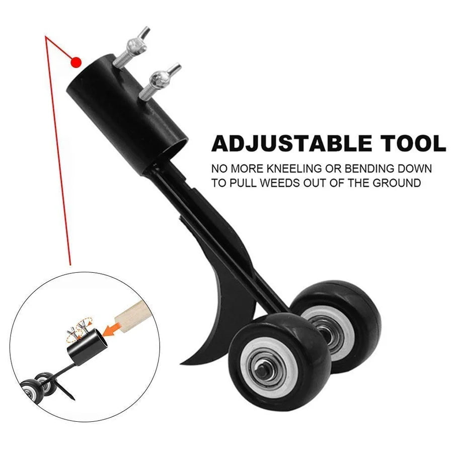 Detail view adjustable handle mechanism curved cutting blade metal grass trimmer tool