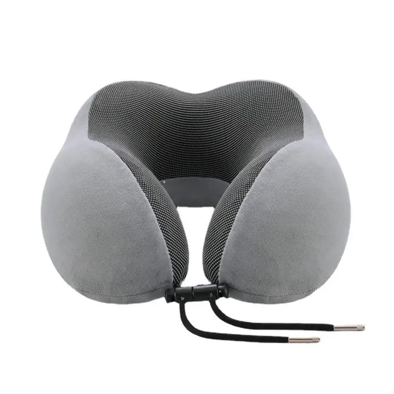 Six travel neck pillows in Black, Lake Blue, Silver Grey, Navy Blue, Pink, and Dark Grey in a colour flat lay