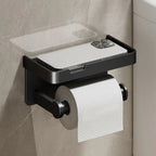 Close-up aluminium toilet paper holder mounting hardware dual function design detail
