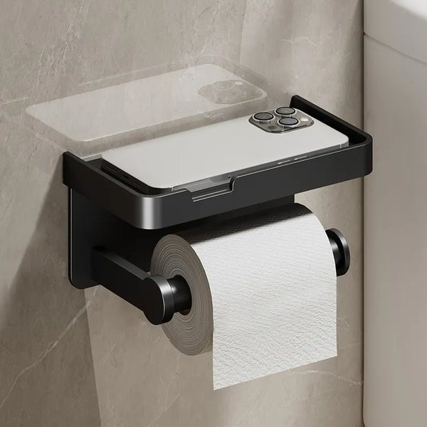 Close-up aluminium toilet paper holder mounting hardware dual function design detail